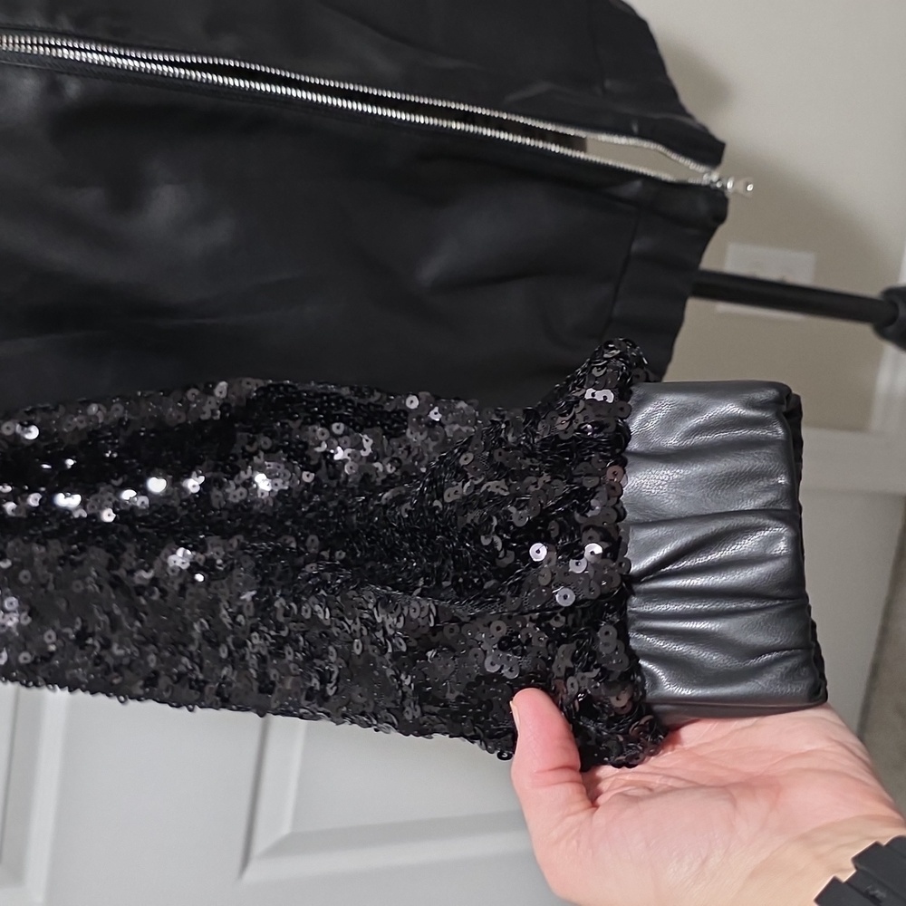 Colleen Lopez Sequin Sleeve Faux Leather Bomber Jacket Coat Small Black - Picture 4 of 9